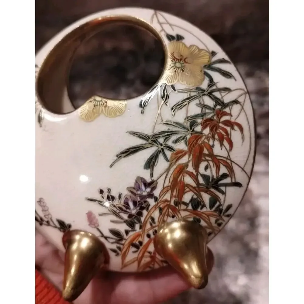 JAPANESE Late Meiji Period Antique SMALL SATSUMA MOON Gold Floral Flask Vase